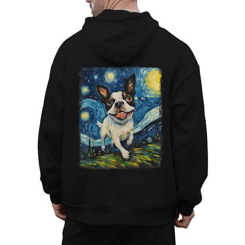Boston Terrier Dog Starry Night Painting Men's Hoodie Back Print - Bostonterriersmerch.com