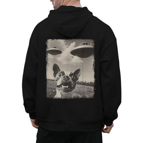 Boston Terrier Dog UFO Alien Extraterrestrial Selfie Men's Hoodie Back Print - Bostonterriersmerch.com