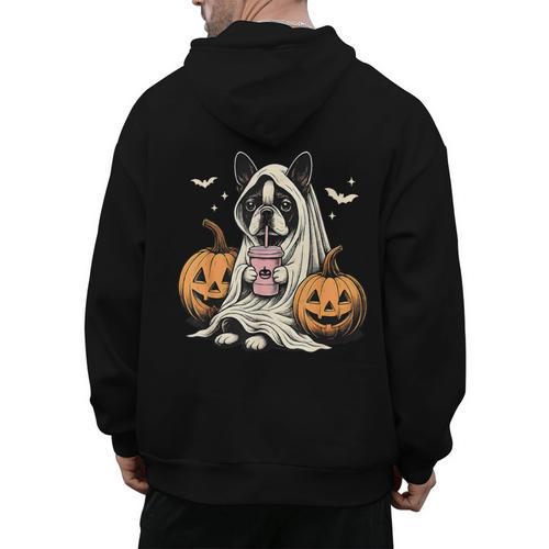Boston Terrier Ghost Boo Halloween Costume Spooky Season Men's Hoodie Back Print - Bostonterriersmerch.com