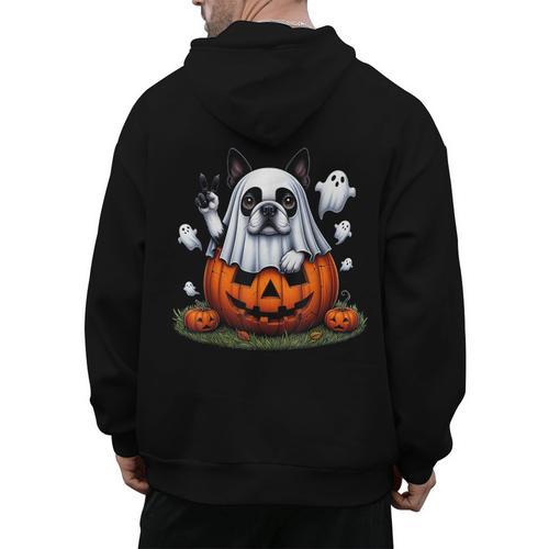 Boston Terrier Ghost Boo Halloween Kids Men's Hoodie Back Print - Bostonterriersmerch.com