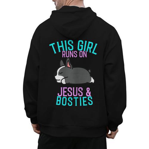 Boston Terrier This Girl Runs On Jesus And Boston Terriers Men's Hoodie Back Print - Bostonterriersmerch.com