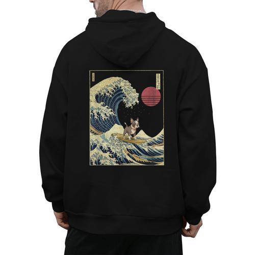 Boston Terrier Japanese Kanagawa Wave Surf Dog Men's Hoodie Back Print - Bostonterriersmerch.com