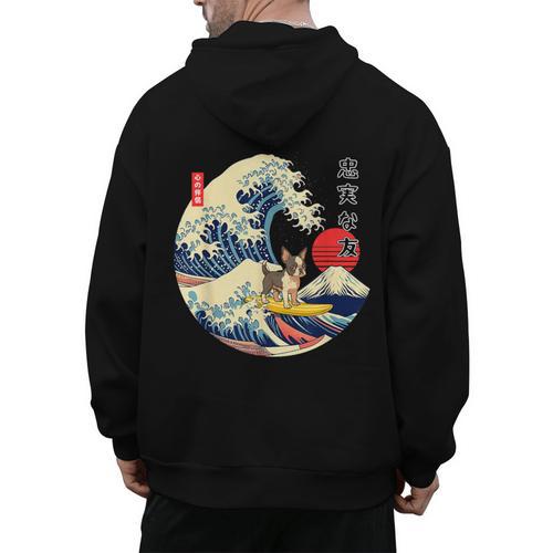 Boston Terrier Japanese Kanagawa Wave Surf Loyal Dog Men Women Kids Men's Hoodie Back Print - Bostonterriersmerch.com