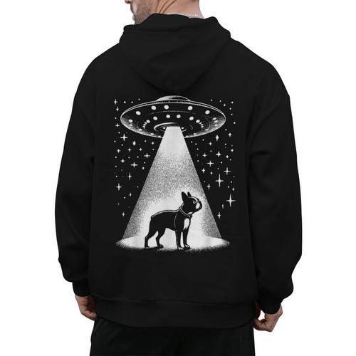 Boston Terrier Mom Dad Dog Alien UFO For Men Women Men's Hoodie Back Print - Bostonterriersmerch.com