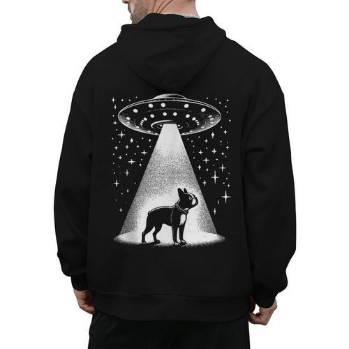 Boston Terrier Mom Dad Dog Alien UFO Men's Hoodie Back Print - Bostonterriersmerch.com