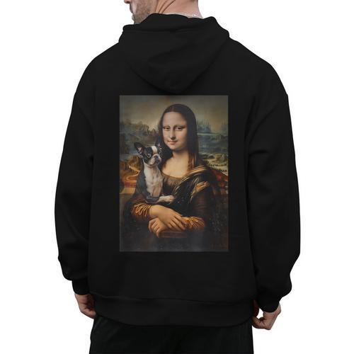 Boston Terrier Mona Lisa Painting Art Dog Mom Dad For Men Women Kids Men's Hoodie Back Print - Bostonterriersmerch.com