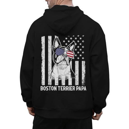 Boston Terrier Papa Cool Dog Lover USA American Flag Men Women Men's Hoodie Back Print - Bostonterriersmerch.com