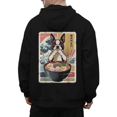Boston Terrier Ramen Noodles Japanese Art Retro Ocean Waves Men's Hoodie Back Print - Bostonterriersmerch.com