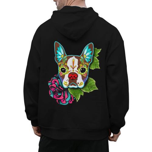 Boston Terrier In Red Day Of The Dead Sugar Skull Dog Men's Hoodie Back Print - Bostonterriersmerch.com