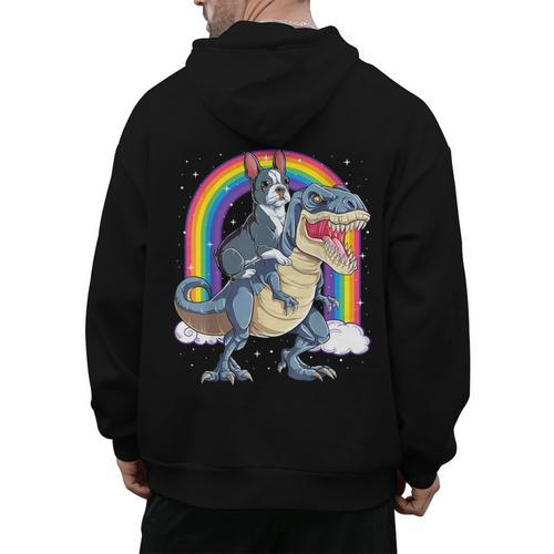 Boston Terrier Riding Dinosaur T-Rex Boys Kids Rainbow Men's Hoodie Back Print - Bostonterriersmerch.com