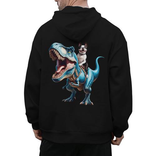 Boston Terrier Riding T-Rex Dinosaur Dog Lover Men's Hoodie Back Print - Bostonterriersmerch.com