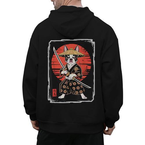 Boston Terrier Samurai Ninja Vintage Anime Japanese Ukiyo-e Men's Hoodie Back Print - Bostonterriersmerch.com