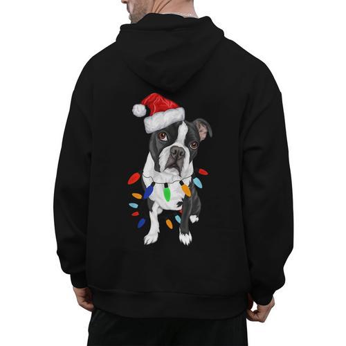 Boston Terrier Santa Christmas Lights Xmas Dog Lover Men Women Kids Men's Hoodie Back Print - Bostonterriersmerch.com