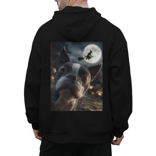Boston Terrier Selfie Full Moon Flying Witch Halloween Dog Men's Hoodie Back Print - Bostonterriersmerch.com