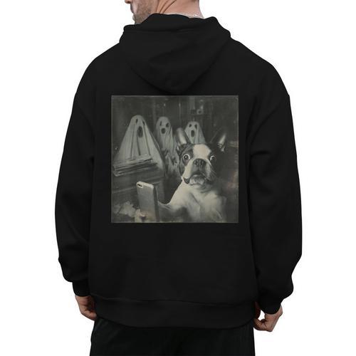 Boston Terrier Selfie With Ghosts Halloween Dog Lover Men's Hoodie Back Print - Bostonterriersmerch.com