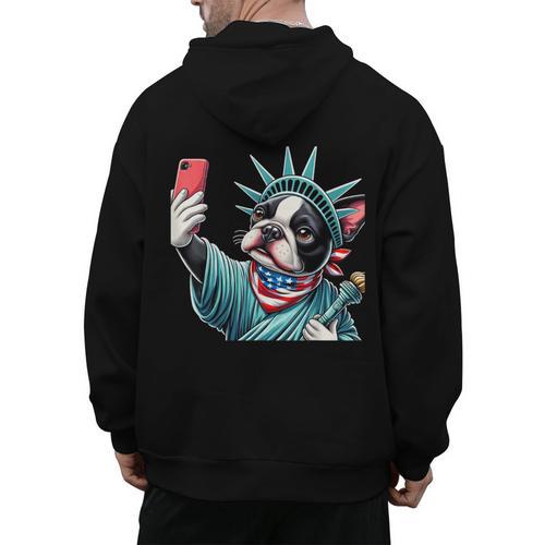 Boston Terrier Selfie Statue Of Liberty 4th Of July American Men's Hoodie Back Print - Bostonterriersmerch.com