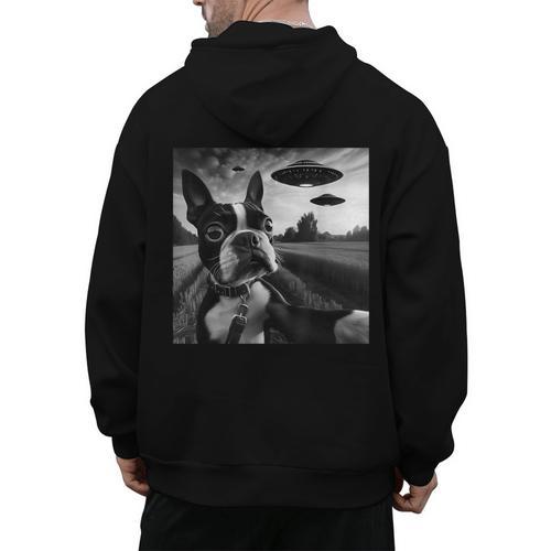 Boston Terrier Graphic Selfie With UFOs Weird Aliens Men's Hoodie Back Print - Bostonterriersmerch.com