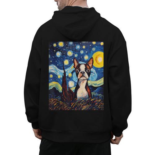 Boston Terrier Starry Night Van Gogh Art Men's Hoodie Back Print - Bostonterriersmerch.com