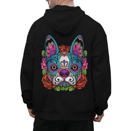 Boston Terrier Sugar Skull Dog Day Of The Dead Men's Hoodie Back Print - Bostonterriersmerch.com