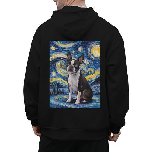 Boston Terrier Van Gogh Starry Night Men's Hoodie Back Print - Bostonterriersmerch.com