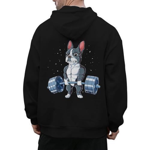 Boston Terrier Weightlifting Deadlift Men Fitness Gym Men's Hoodie Back Print - Bostonterriersmerch.com