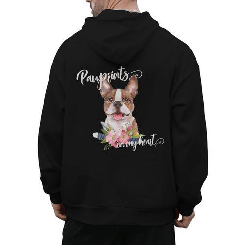 Brown Boston Terrier With Flowers And Feathers Men's Hoodie Back Print - Bostonterriersmerch.com
