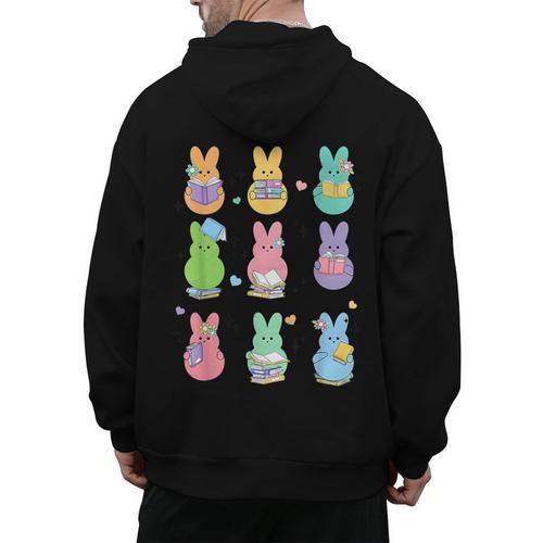 Bunny Reading Books Easter Day Librarian Teacher Book Men's Hoodie Back Print - teacherstshirts.com AU