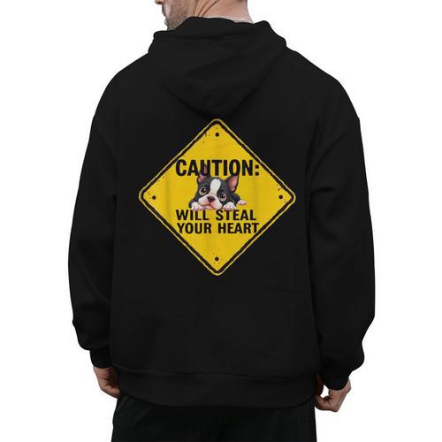 Caution Sign Boston Terrier Dog Bostie Puppy Men's Hoodie Back Print - Bostonterriersmerch.com