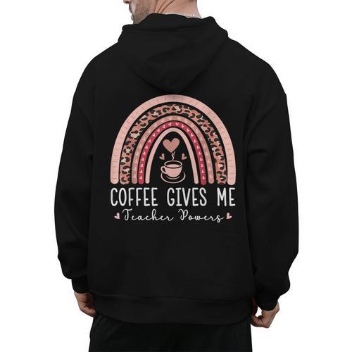 Coffee Gives Me Teacher Powers Leopard Rainbow Teacher Men's Hoodie Back Print - teacherstshirts.com AU