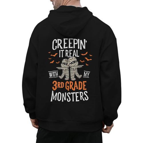 Creepin It Real With My 3rd Grade Monsters Halloween Teacher Men's Hoodie Back Print - teacherstshirts.com CA
