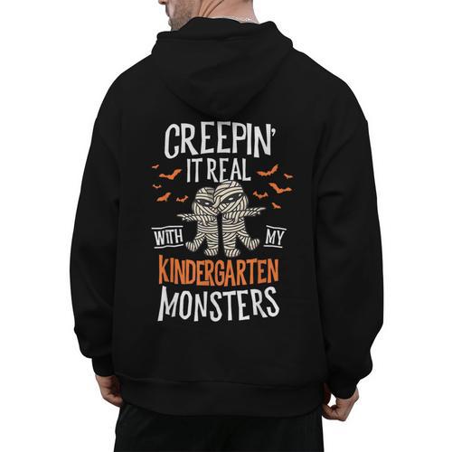 Creepin It Real Kindergarten Monsters Halloween Teacher Men's Hoodie Back Print - teacherstshirts.com UK