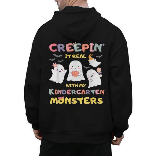 Creepin It Real With Kindergarten Monsters Halloween Teacher Men's Hoodie Back Print - teacherstshirts.com CA