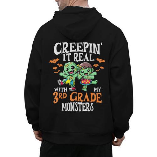 Creepin It Real Monster School 3rd Grade Teacher Halloween Men's Hoodie Back Print - teacherstshirts.com CA