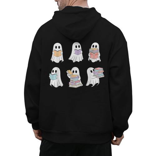 Cute Boo Ghost Reading Books Halloween Librarian Teacher Kid Men's Hoodie Back Print - teacherstshirts.com AU