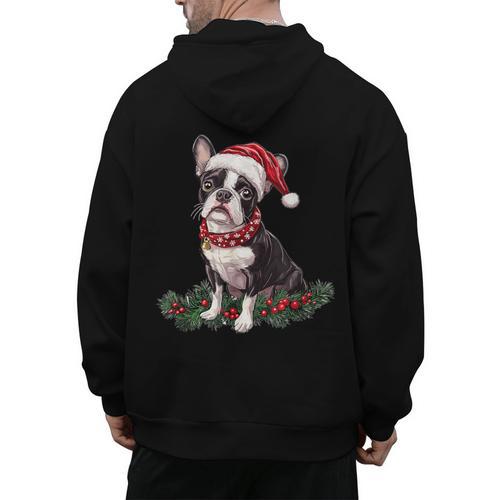 Cute Boston Terrier Dog Christmas Merry X-Mas Graphic Men's Hoodie Back Print - Bostonterriersmerch.com