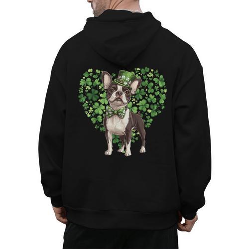 Cute Boston Terrier Shamrock St Patrick's Day Dog Lover Men Women Kids Men's Hoodie Back Print - Bostonterriersmerch.com