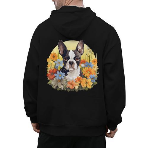 Cute Boston Terrier Spring Flower Garden Colorful Puppy Dog Men's Hoodie Back Print - Bostonterriersmerch.com