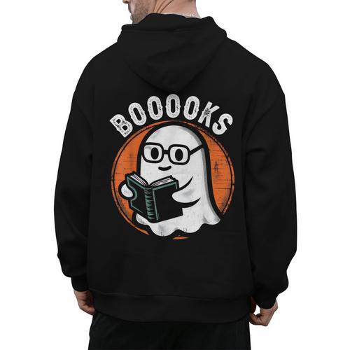 Cute Ghost Book Reading Books Lover Retro Halloween Teacher Men's Hoodie Back Print - teacherstshirts.com UK