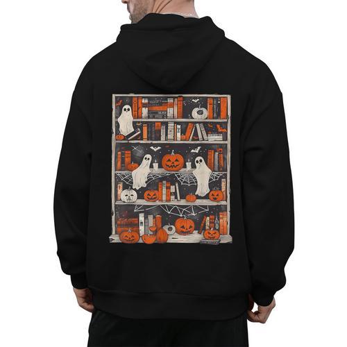 Cute Ghost Book Reading Books Lover Spooky Teacher Halloween Men's Hoodie Back Print - teacherstshirts.com