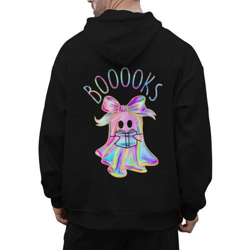 Cute Ghost Book Reading Halloween Teacher Top Girls Women Men's Hoodie Back Print - teacherstshirts.com UK