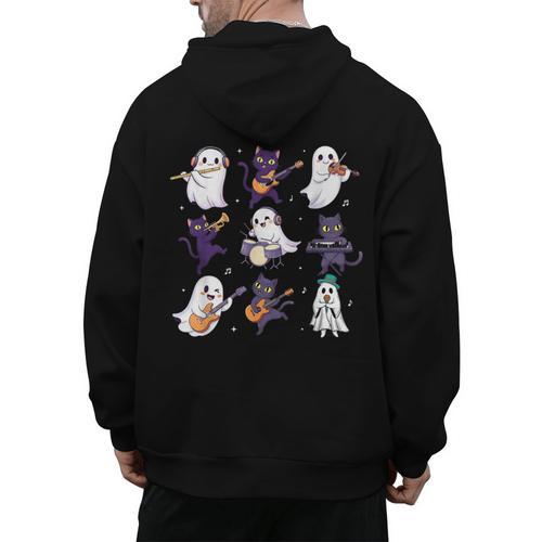 Cute Ghost Cat Playing Musical Halloween Music Teacher Men's Hoodie Back Print - teacherstshirts.com UK