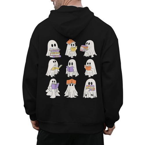 Cute Ghost Reading Books Teacher Halloween Reading Men Women Kids Men's Hoodie Back Print - teacherstshirts.com AU
