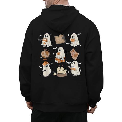 Cute Ghosts Reading Book Bookworm Halloween History Teacher Men's Hoodie Back Print - teacherstshirts.com