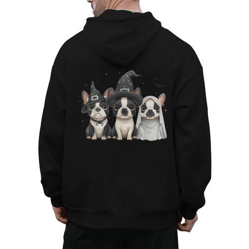 Cute Halloween Boston Terrier Dogs Witch Hat Ghost Dog For Men Women Kids Men's Hoodie Back Print - Bostonterriersmerch.com