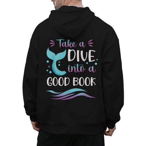 Cute Mermaid Librarian Teacher Dive Into A Good Book Reading Men's Hoodie Back Print - teacherstshirts.com