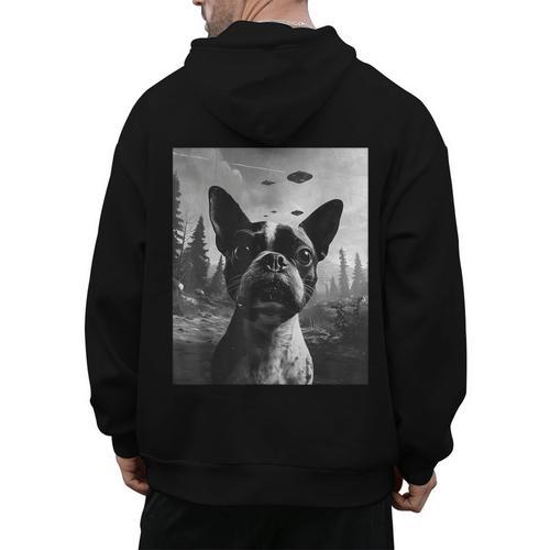 Dog Mom Dad Alien Selfie Boston Terrier UFO For Men Women Men's Hoodie Back Print - Bostonterriersmerch.com