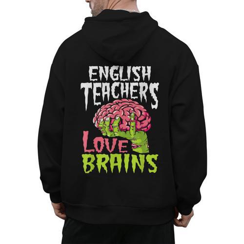 English Teachers Love Brains Zombie Teacher School Halloween Men's Hoodie Back Print - teacherstshirts.com AU