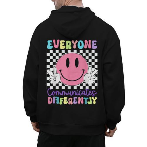 Everyone Communicates Differently Autism Awareness Teacher Men's Hoodie Back Print - teacherstshirts.com DE