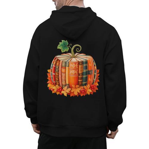 Fall Book Autumn Reading Teacher Halloween Pumpkin Season Men's Hoodie Back Print - teacherstshirts.com