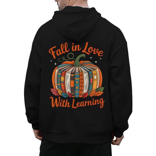 Fall In Love With Learning Book Lover Autumn Pumpkin Teacher Men's Hoodie Back Print - teacherstshirts.com AU